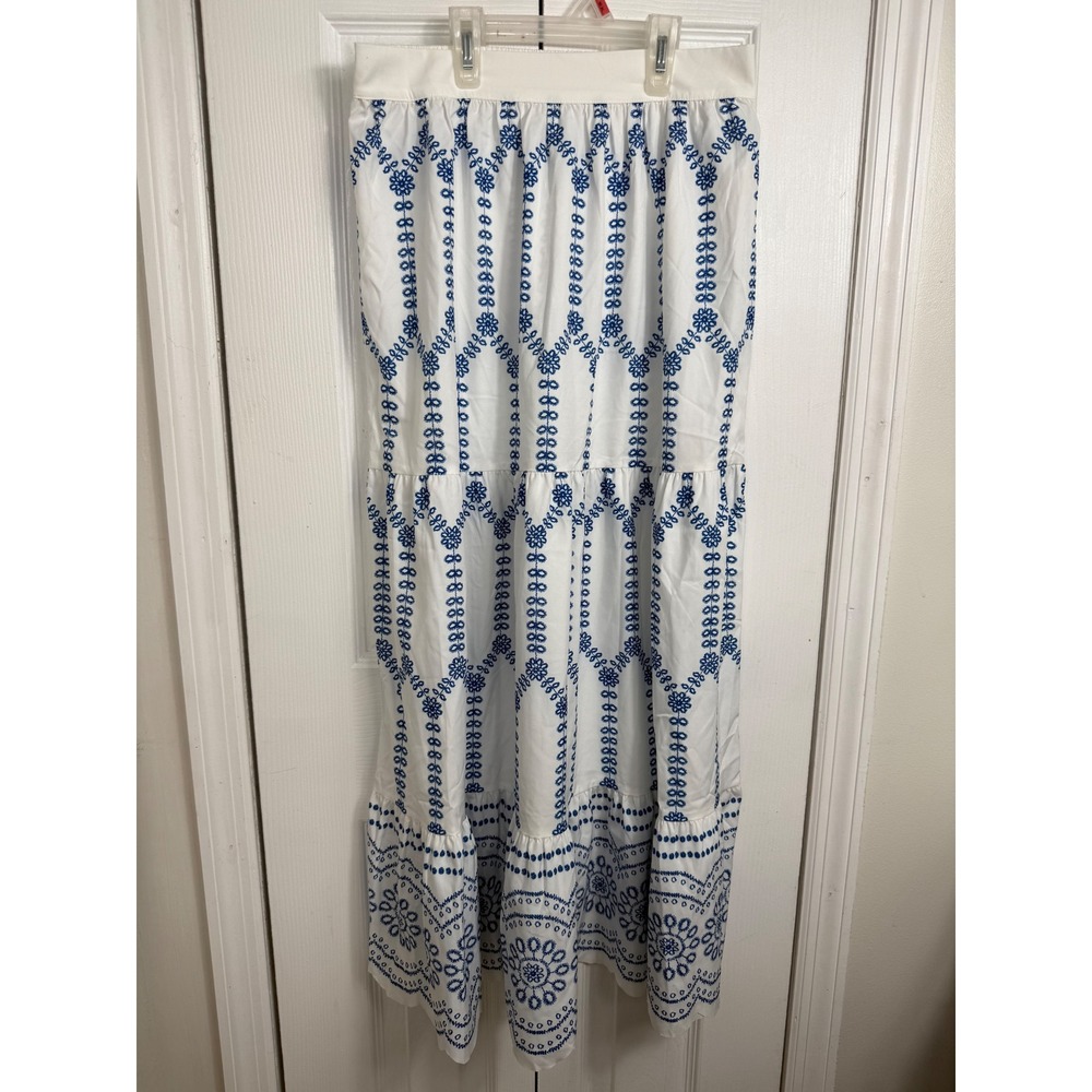 Commense Embroidered Tiered Maxi Skirt M White Blue Boho Cottagecore Scalloped